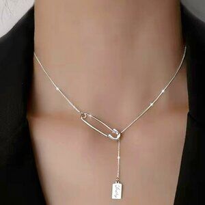 Women's Necklace 925 Silver Safety Pin with "Lucky" Charm Adjustable